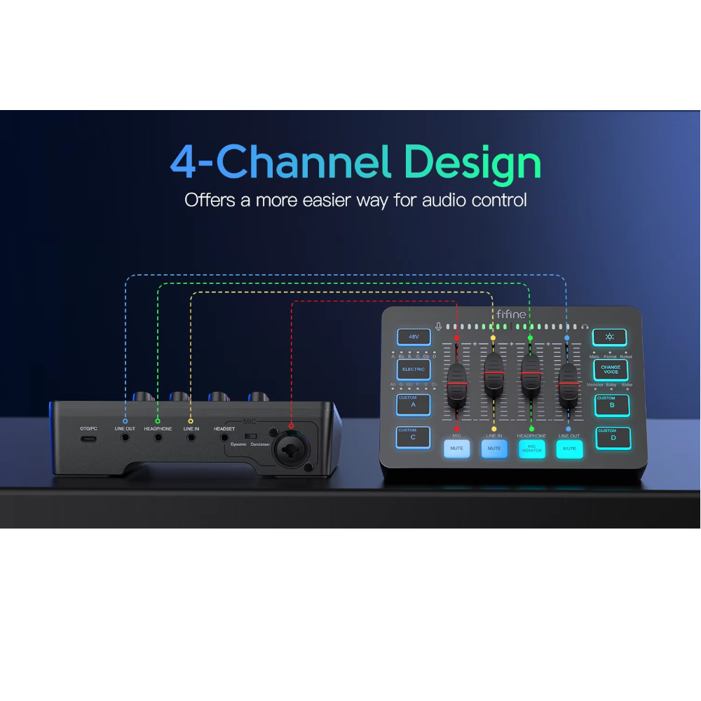 Mezclador de Audio de 4 Canales RGB para Juegos y Transmisión en Vivo - FIFINE AmpliGame SC3 –