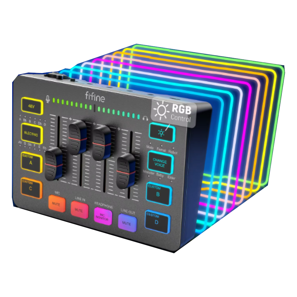 Mezclador de Audio de 4 Canales RGB para Juegos y Transmisión en Vivo - FIFINE AmpliGame SC3 –