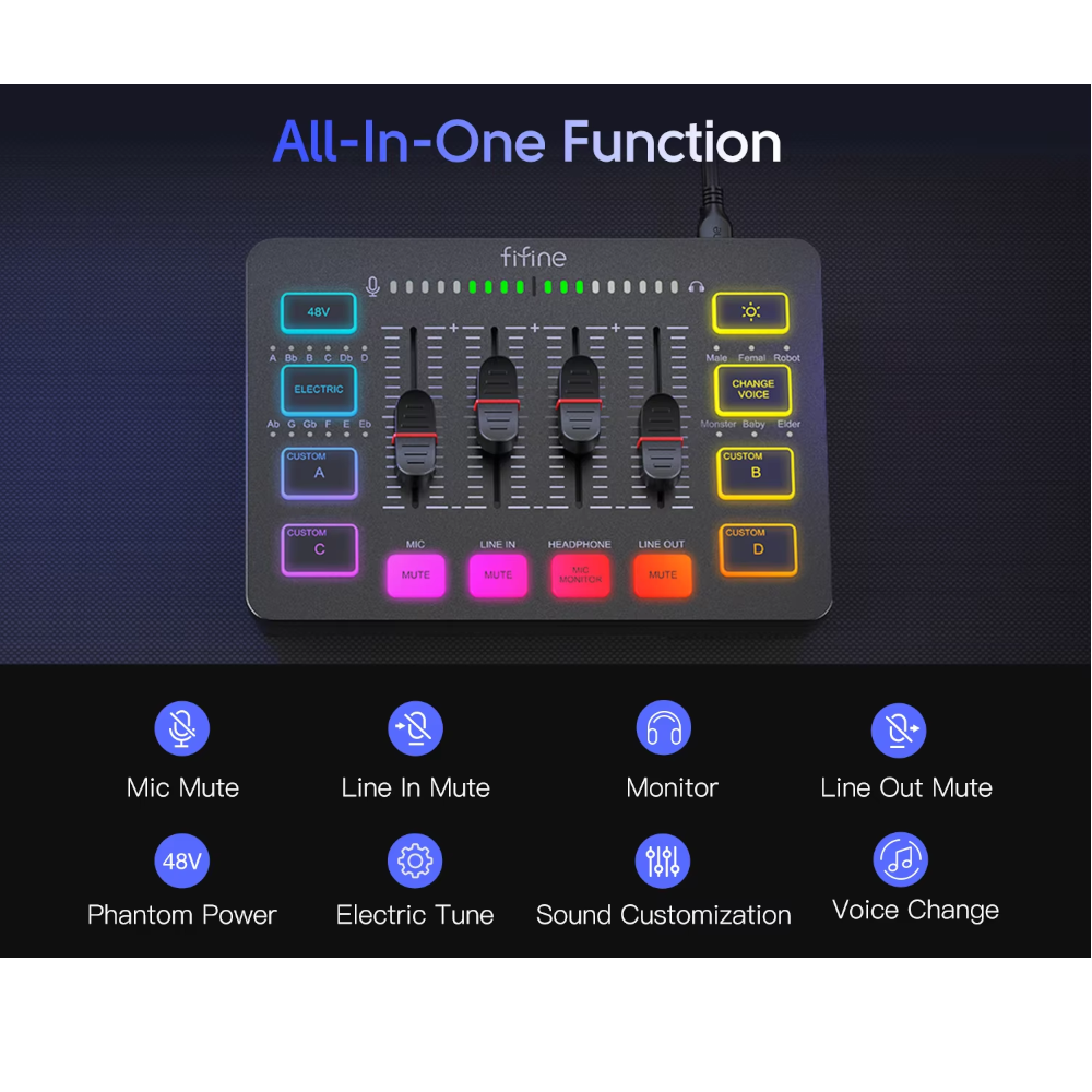 Mezclador de Audio de 4 Canales RGB para Juegos y Transmisión en Vivo - FIFINE AmpliGame SC3 –