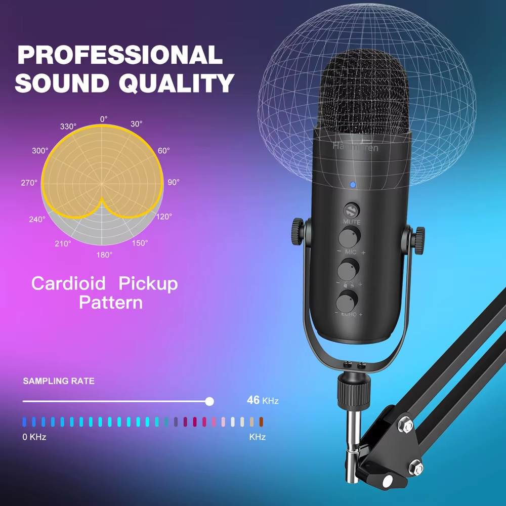 Kit de Micrófono de Condensador Cardioide de Estudio con Brazo de Pluma USB Profesional