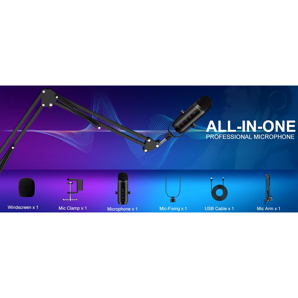 Kit de Micrófono de Condensador Cardioide de Estudio con Brazo de Pluma USB Profesional