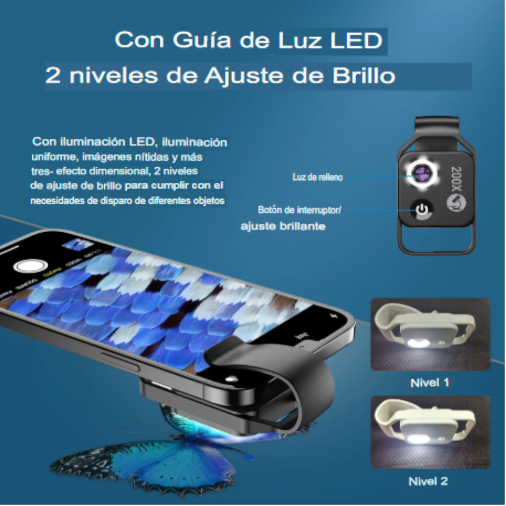Lente Microscópica APEXEL 200X con Luz LED y Clip Universal – Compatible con Smartphones iPhone y Android