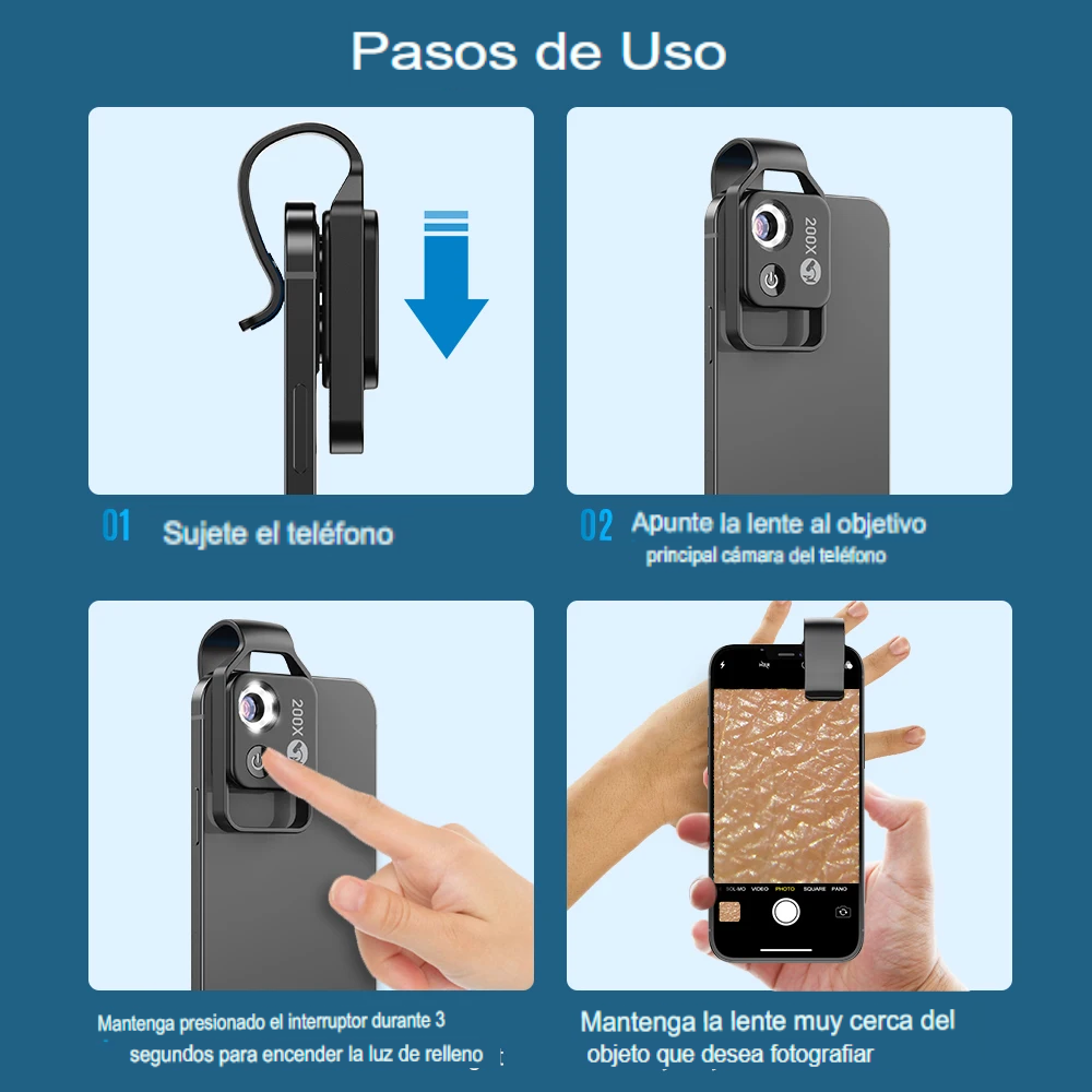 Lente Microscópica APEXEL 200X con Luz LED y Clip Universal – Compatible con Smartphones iPhone y Android