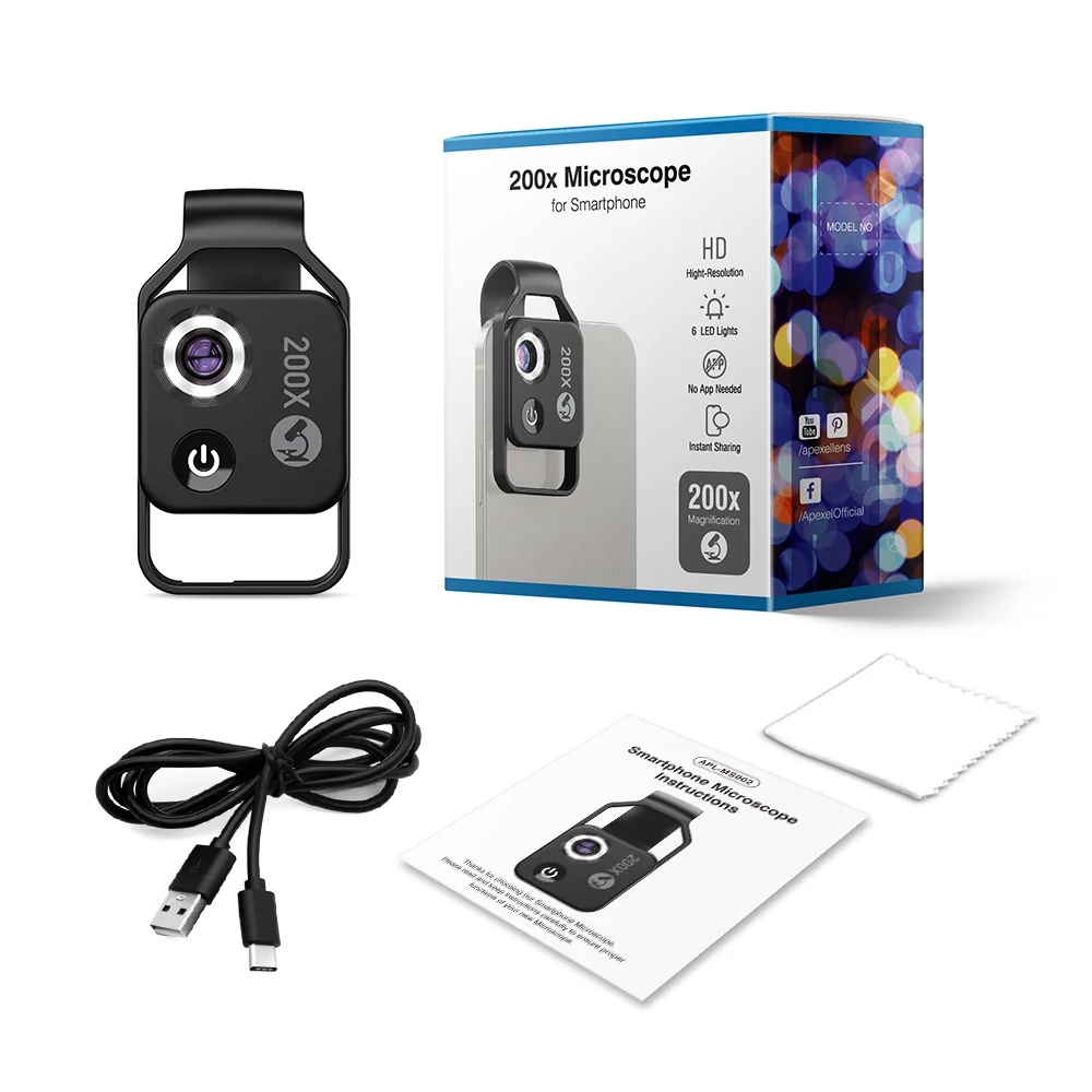 Lente Microscópica APEXEL 200X con Luz LED y Clip Universal – Compatible con Smartphones iPhone y Android