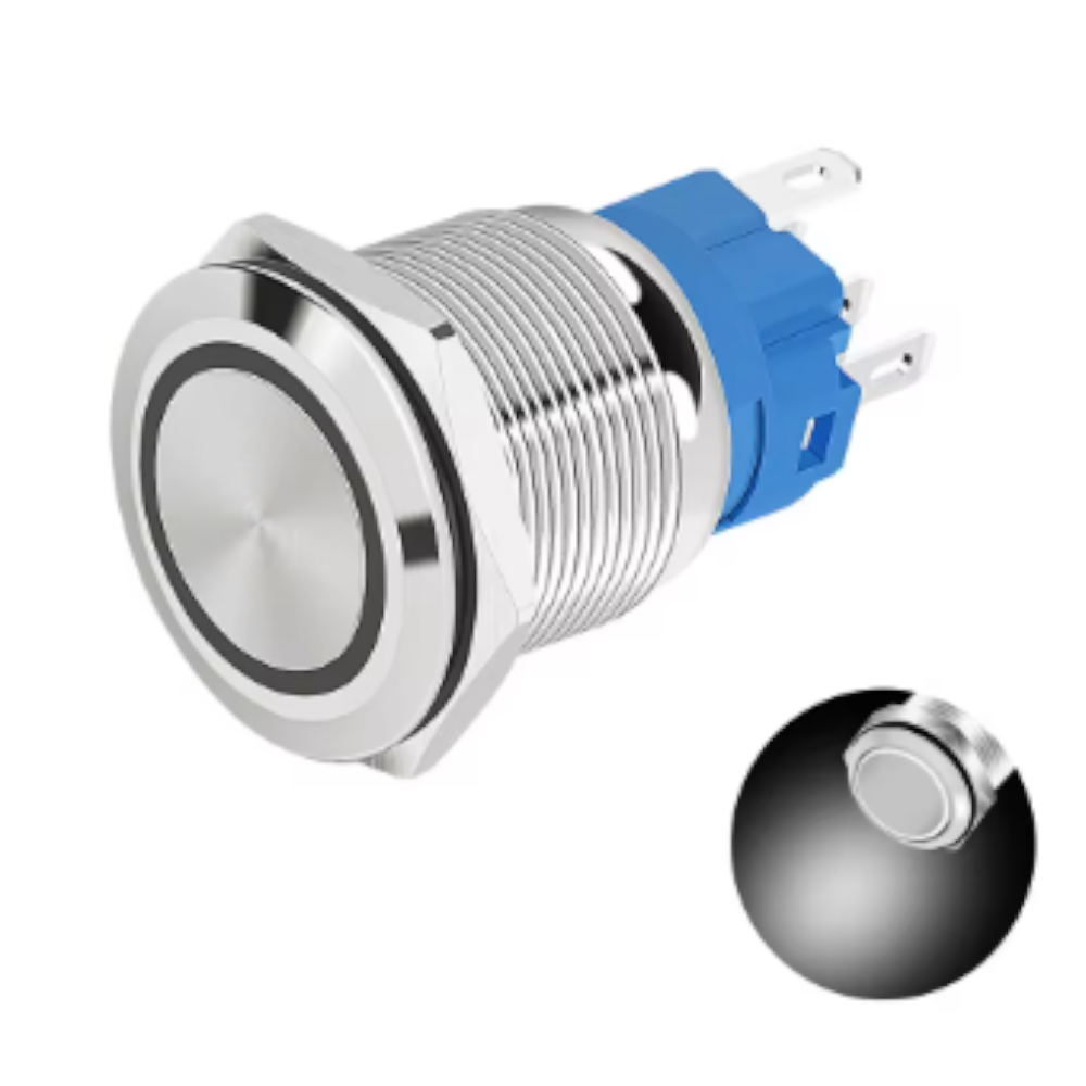 Interruptor Pulsador LED de Metal 19MM – 12V Luz Blanca Impermeable IP65