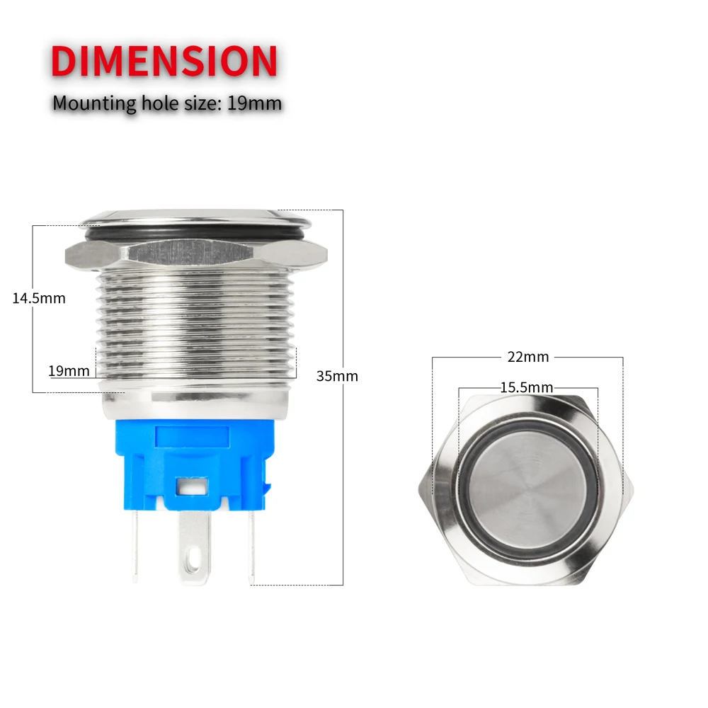 Interruptor Pulsador LED de Metal 19MM – 12V Luz Blanca Impermeable IP65
