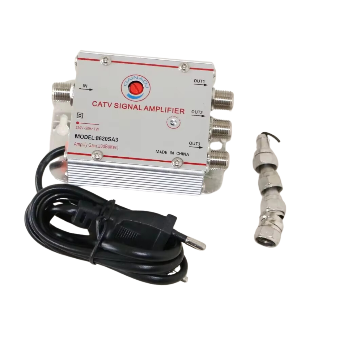 Amplificador de Señal de Antena de TV por Cable - Divisor de 3 Salidas y 1 Entrada con Ganancia de 20dB compatible ISDB-T