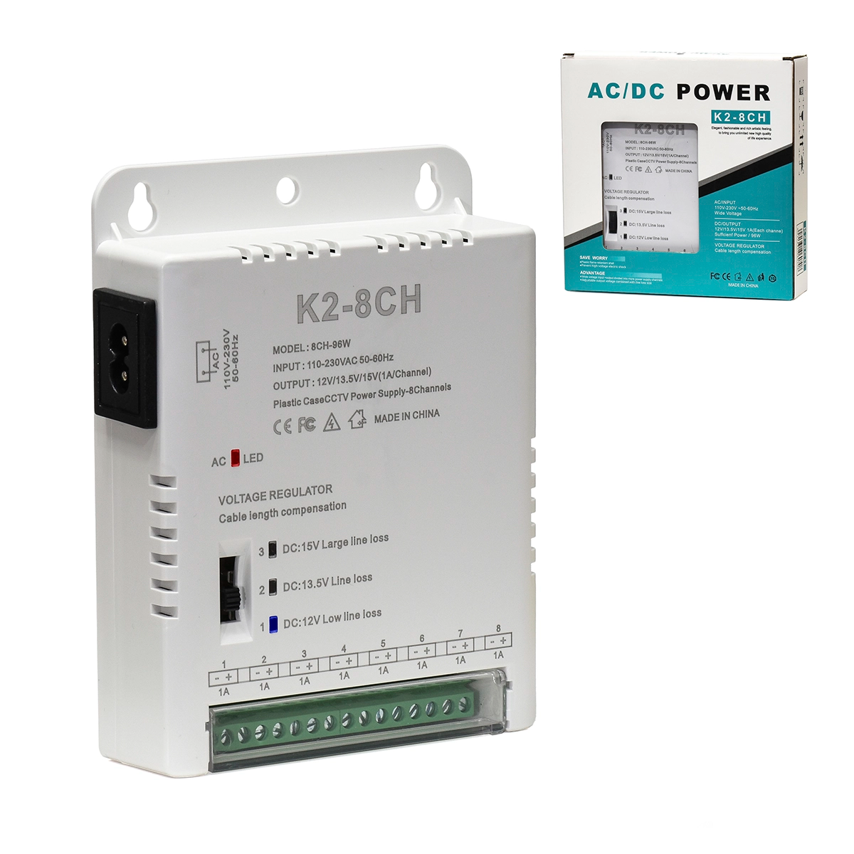 Fuente de Alimentación Conmutada 12V/13.5V/15V 8A (96W) 8 Canales K2-8CH
