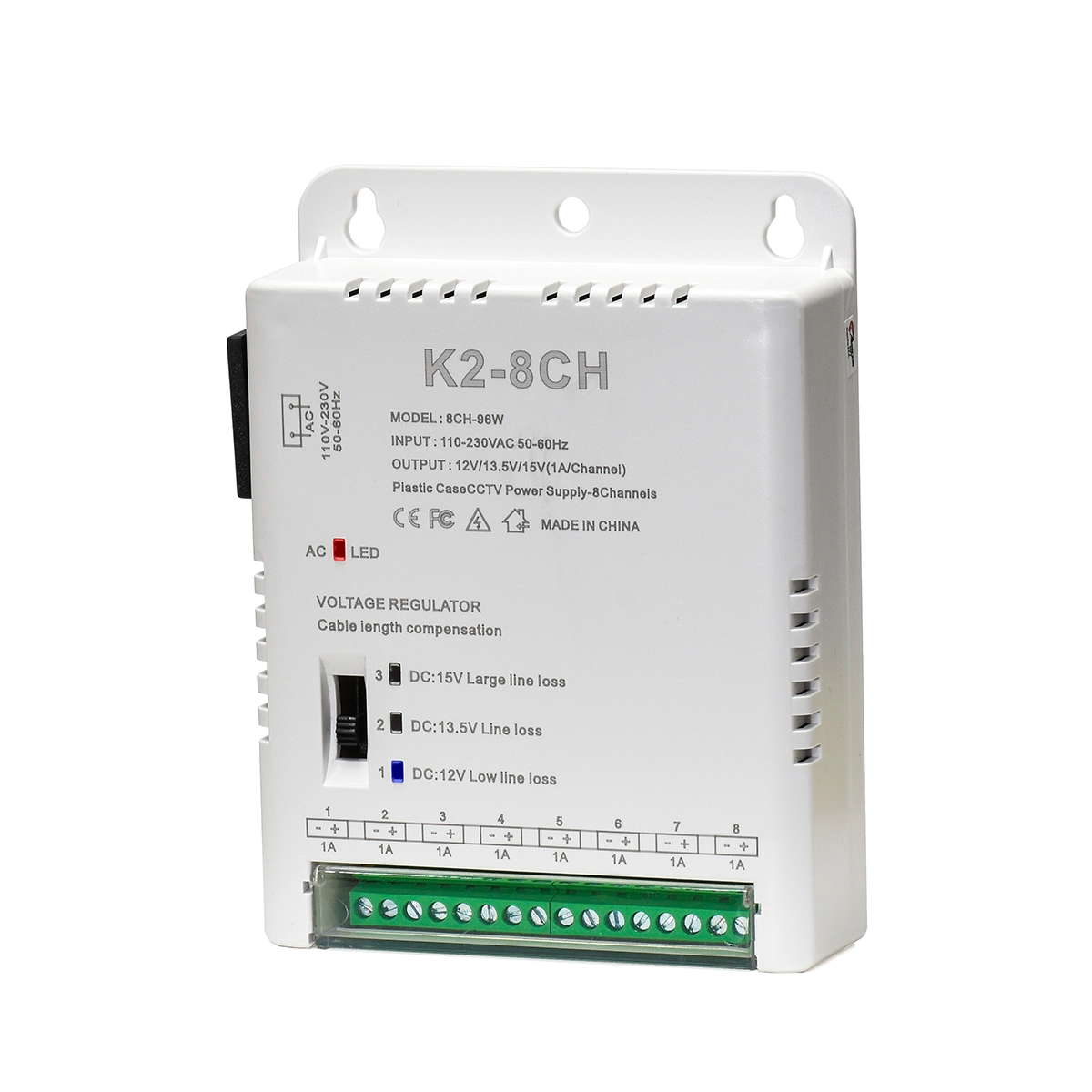 Fuente de Alimentación Conmutada 12V/13.5V/15V 8A (96W) 8 Canales K2-8CH