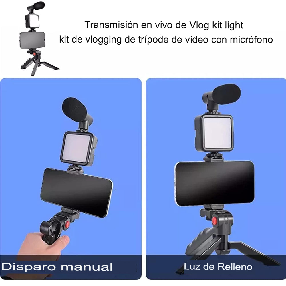 Kit de Grabación de Video para Cámara y Smartphone: Trípode con Micrófono, Luz LED y Soporte Multifuncional