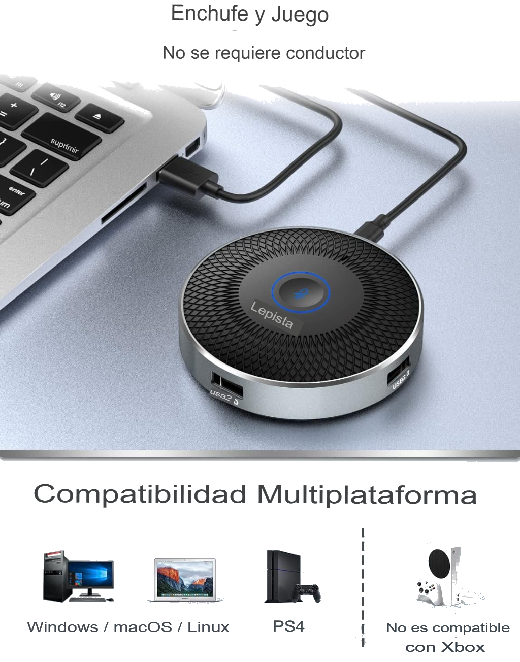 Micrófono de Conferencia USB Lepist LE2109 con Hub USB 2.0 y Botón Táctil de Silencio