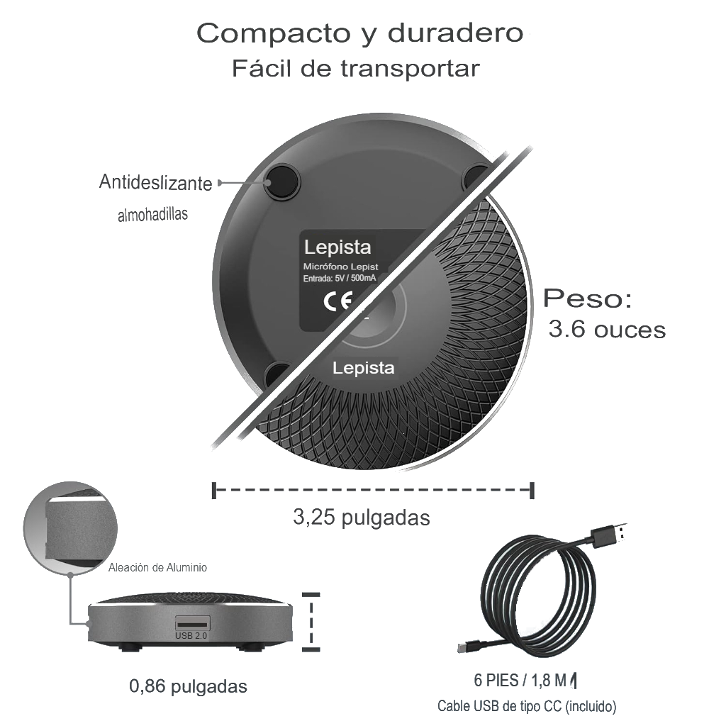 Micrófono de Conferencia USB Lepist LE2109 con Hub USB 2.0 y Botón Táctil de Silencio