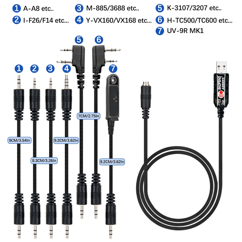Cable de Programación USB 7 en 1 FTDI – Compatible con Baofeng, Quansheng, Motorola, Kenwood y más