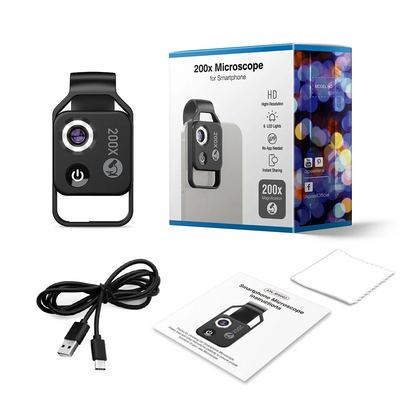 Lente Microscópica APEXEL 200X con Luz LED y Clip Universal – Compatible con Smartphones iPhone y Android