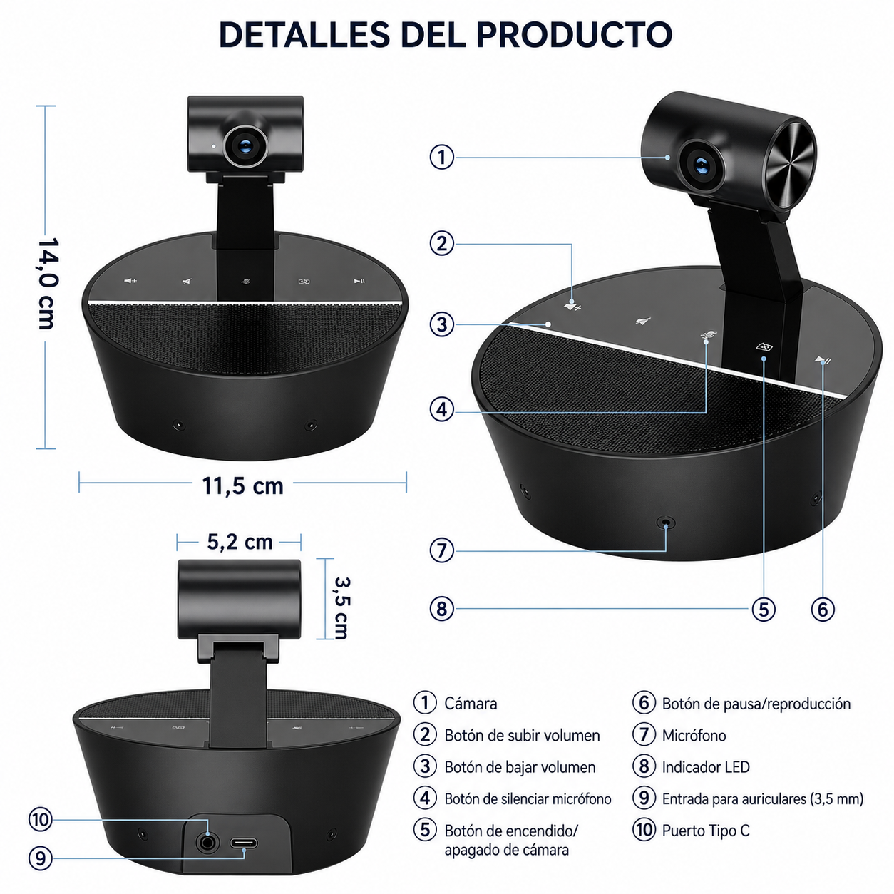 Cámara Web para Videoconferencias 3 en 1 Full HD 1080P – Micrófono Omnidireccional y Altavoz Integrado USB