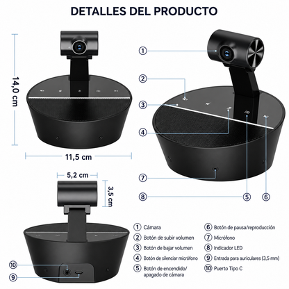Cámara Web para Videoconferencias 3 en 1 Full HD 1080P – Micrófono Omnidireccional y Altavoz Integrado USB