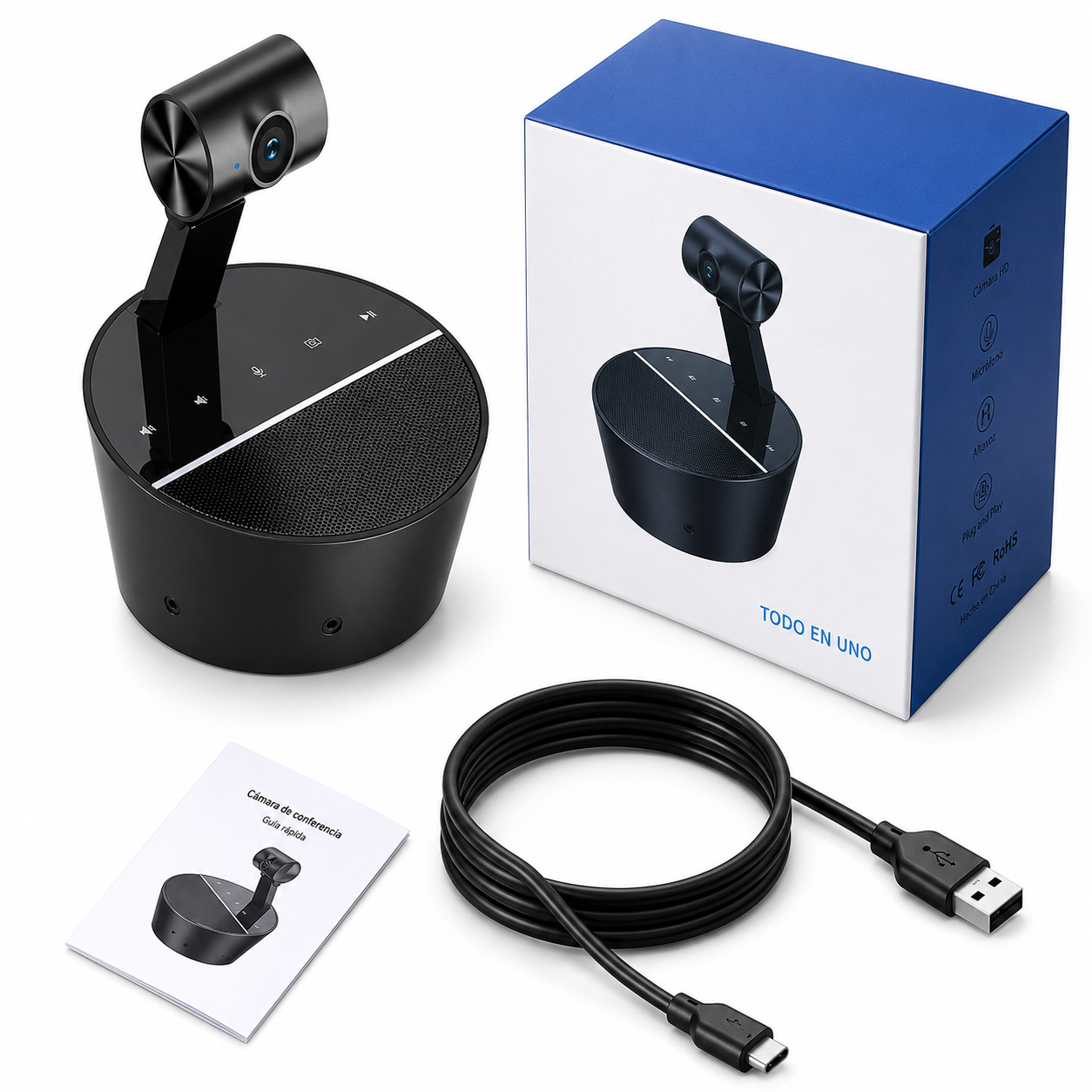 Cámara Web para Videoconferencias 3 en 1 Full HD 1080P – Micrófono Omnidireccional y Altavoz Integrado USB