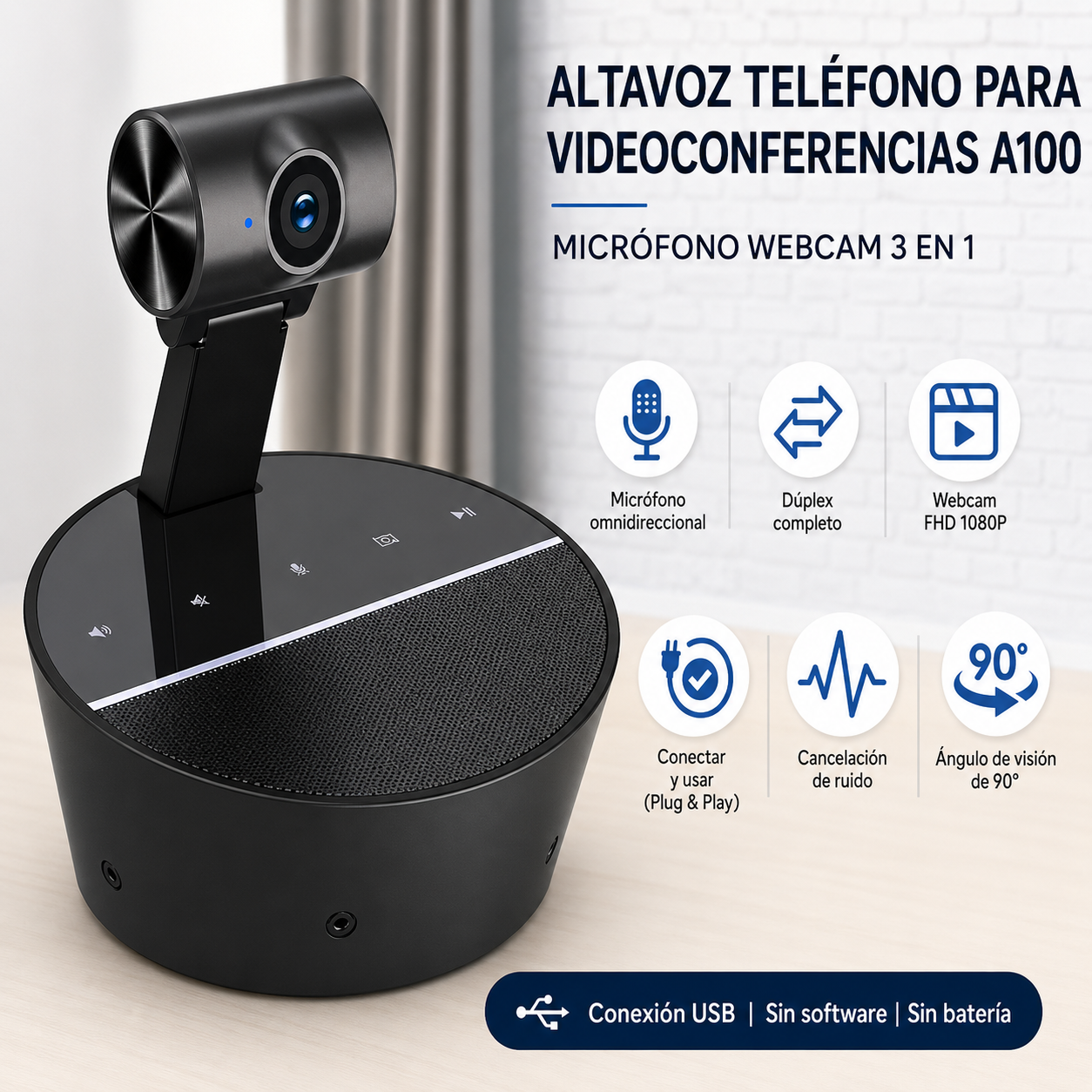 Cámara Web para Videoconferencias 3 en 1 Full HD 1080P – Micrófono Omnidireccional y Altavoz Integrado USB