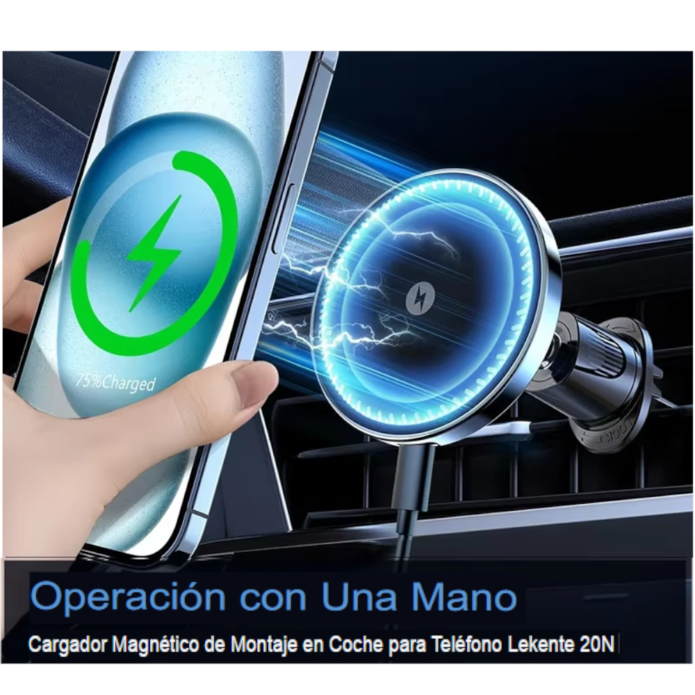 Soporte de Teléfono 15W para iPhone y Samsung - Adaptador de Cargador Inalámbrico Magnético para Coche