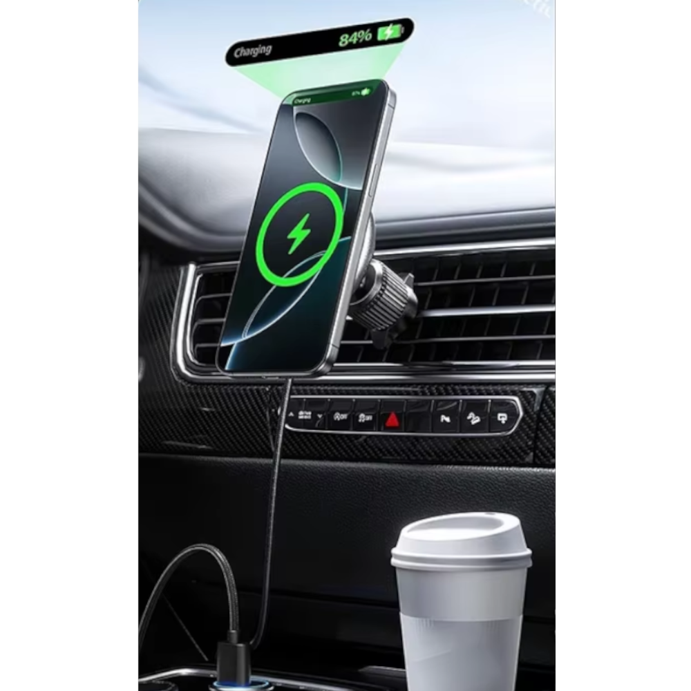 Soporte de Teléfono 15W para iPhone y Samsung - Adaptador de Cargador Inalámbrico Magnético para Coche
