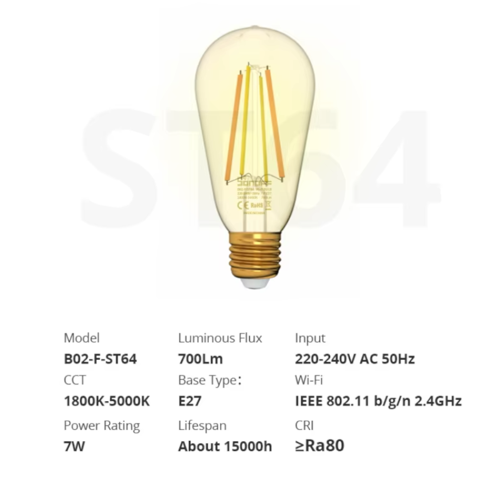 Ampolleta Edison Smart LED Filamento Sonoff B02 F-ST64, Control de Brillo y Color de Temperatura desde tu Teléfono