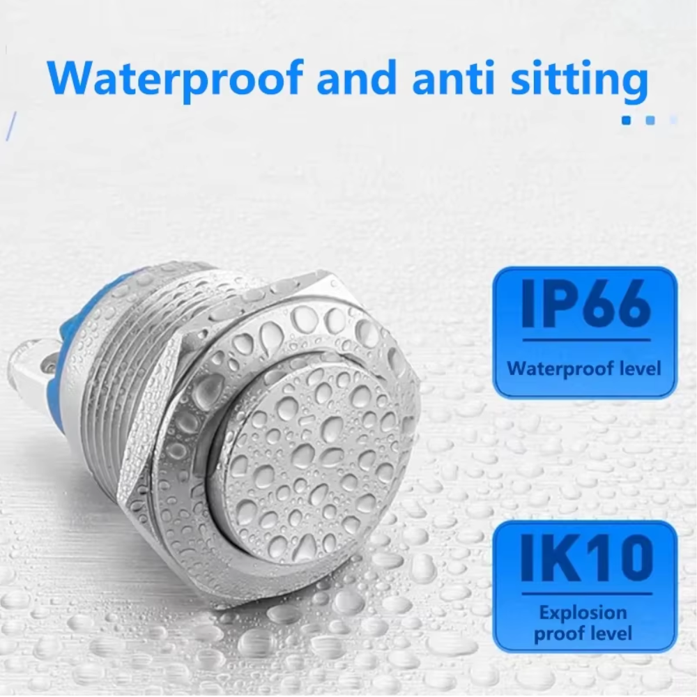 Interruptor de Botón de Metal 16mm Impermeable IP66/IK10 – Tipo Momentáneo con Terminal de Tornillo