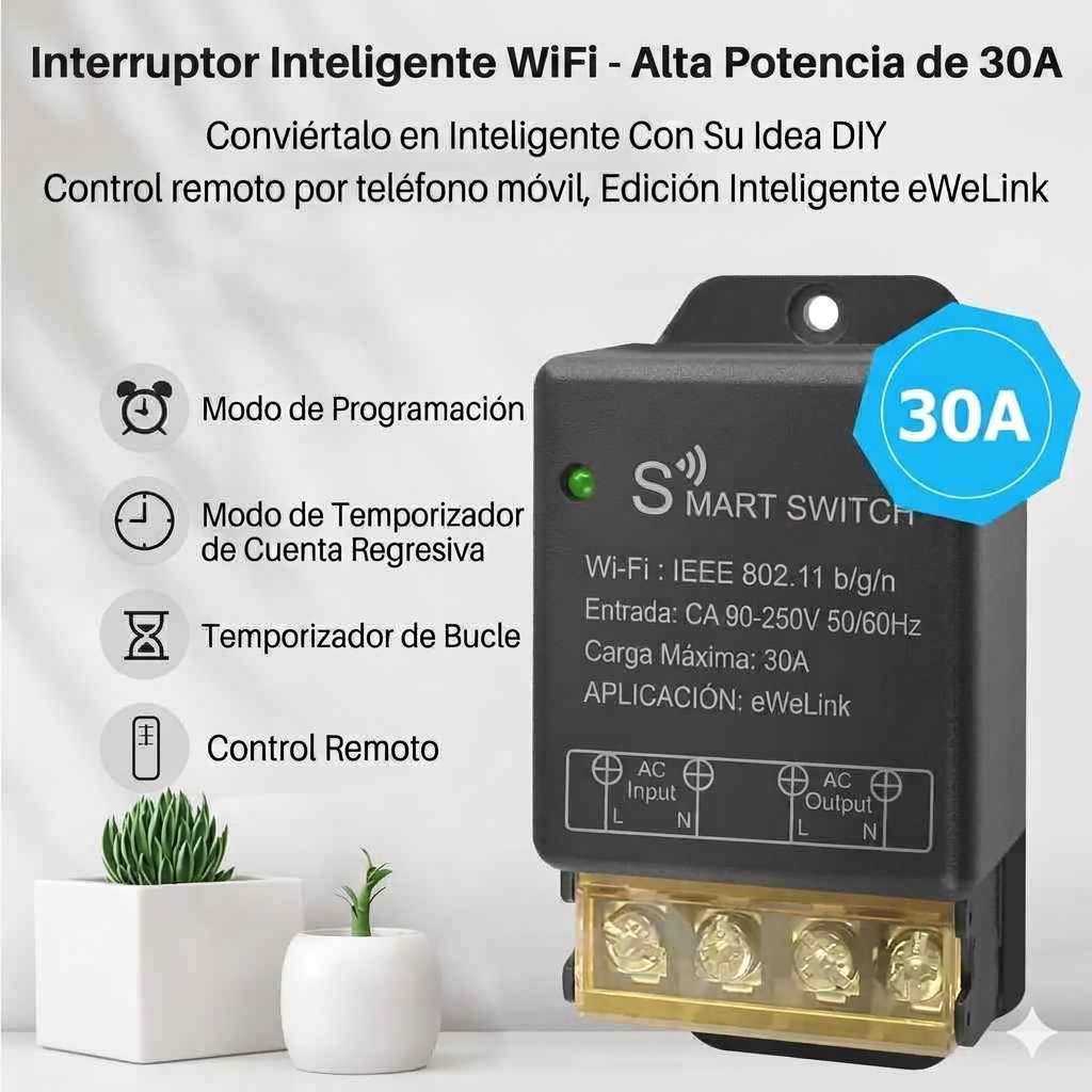 Interruptor WiFi Inteligente 30A EWeLink – Módulo Relé de Alta Potencia para Motores, Compatible con Alexa y Google Home