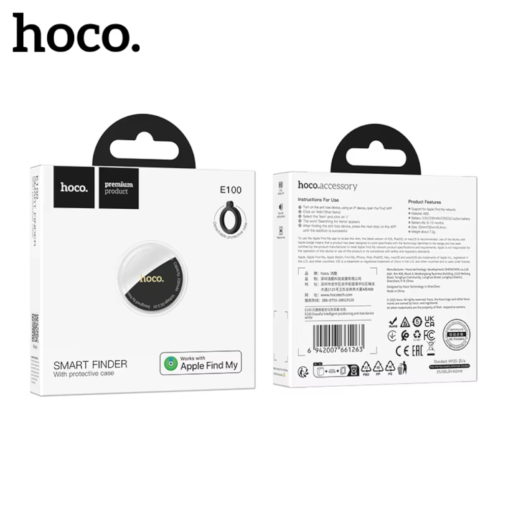 Rastreador Inteligente HOCO E100 con Apple Find My – Antipérdida para Llaves, Mascotas y Objetos Personales
