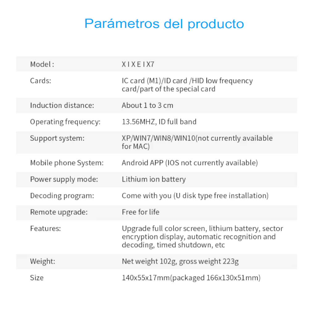 Lector y Copiador RFID/NFC X7 para Tarjetas de Acceso 125kHz y 13,56MHz