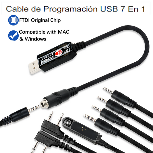 Cable de Programación USB 7 en 1 FTDI – Compatible con Baofeng, Quansheng, Motorola, Kenwood y más