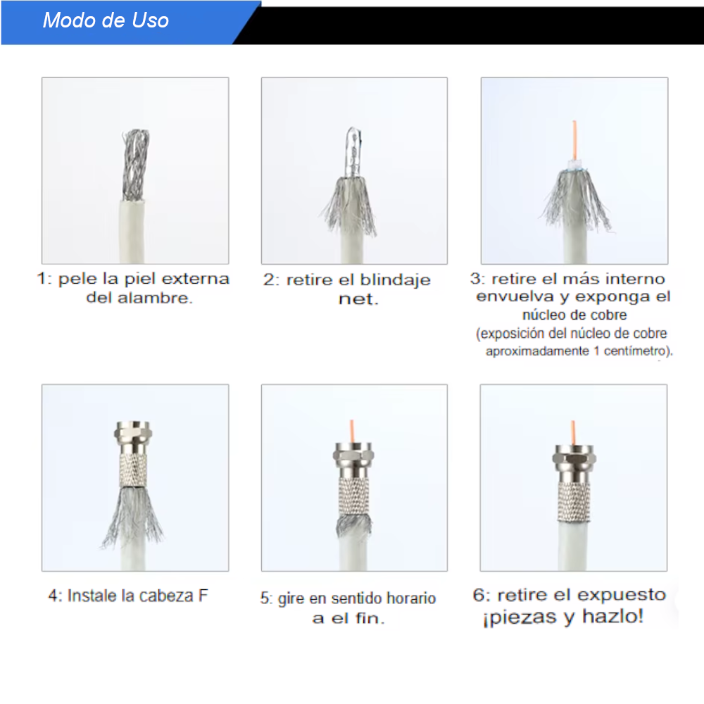 Conector Coaxial Tipo F Macho Twist-On para Cable RG6 (Pack 10 Unidades)