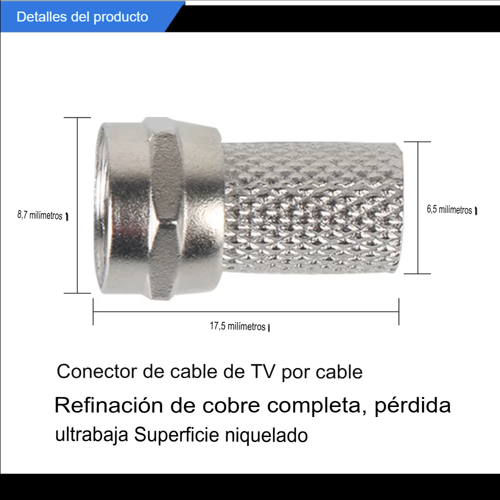 Conector Coaxial Tipo F Macho Twist-On para Cable RG6 (Pack 10 Unidades)