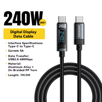 Cable USB-C 240W PD 3.1 Carga Rápida para Laptop y Móvil con Pantalla Digital