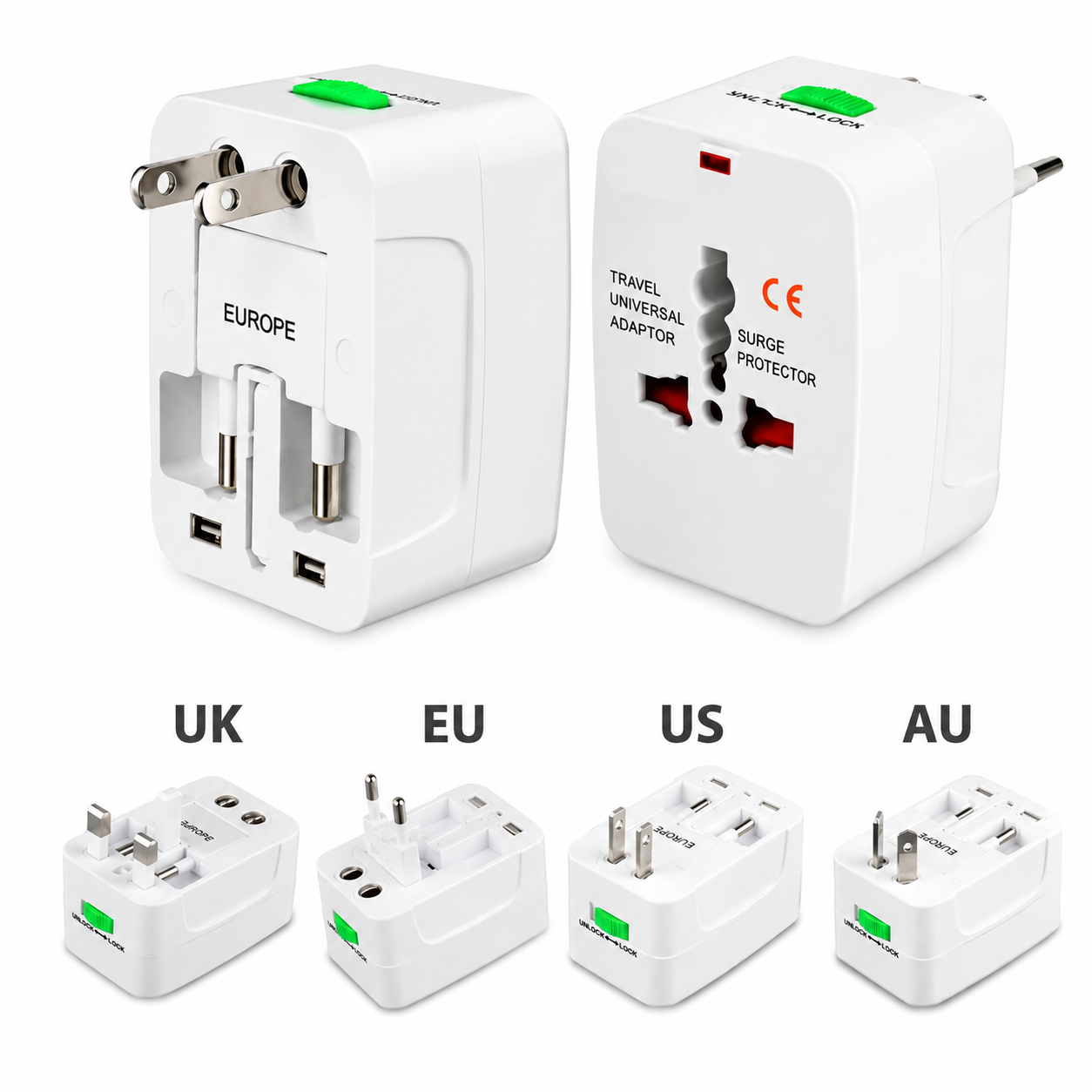 Adaptador Universal de Viaje con 2 Puertos USB – Compatible con Más de 150 Países