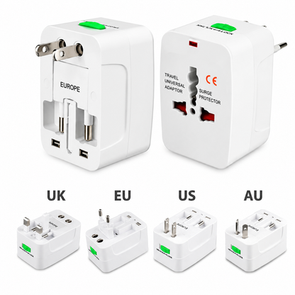 Adaptador Universal de Viaje con 2 Puertos USB – Compatible con Más de 150 Países