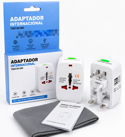 Adaptador Universal de Viaje con 2 Puertos USB – Compatible con Más de 150 Países