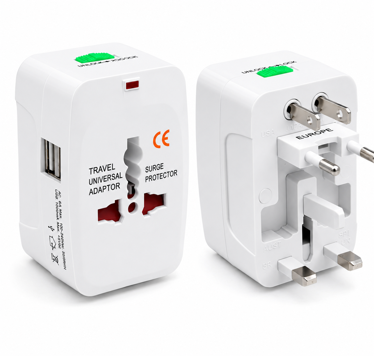 Adaptador Universal de Viaje con 2 Puertos USB – Compatible con Más de 150 Países