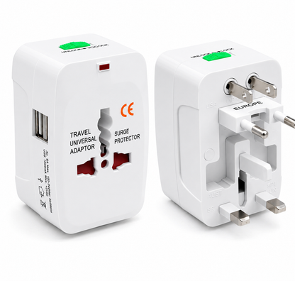 Adaptador Universal de Viaje con 2 Puertos USB – Compatible con Más de 150 Países