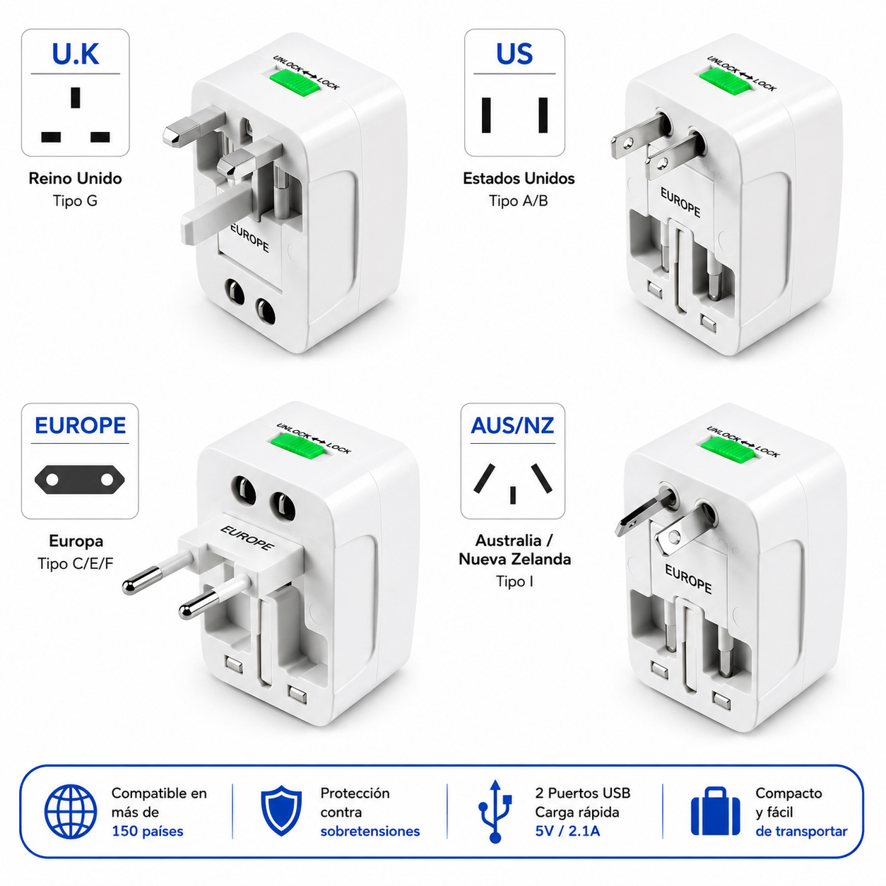 Adaptador Universal de Viaje con 2 Puertos USB – Compatible con Más de 150 Países