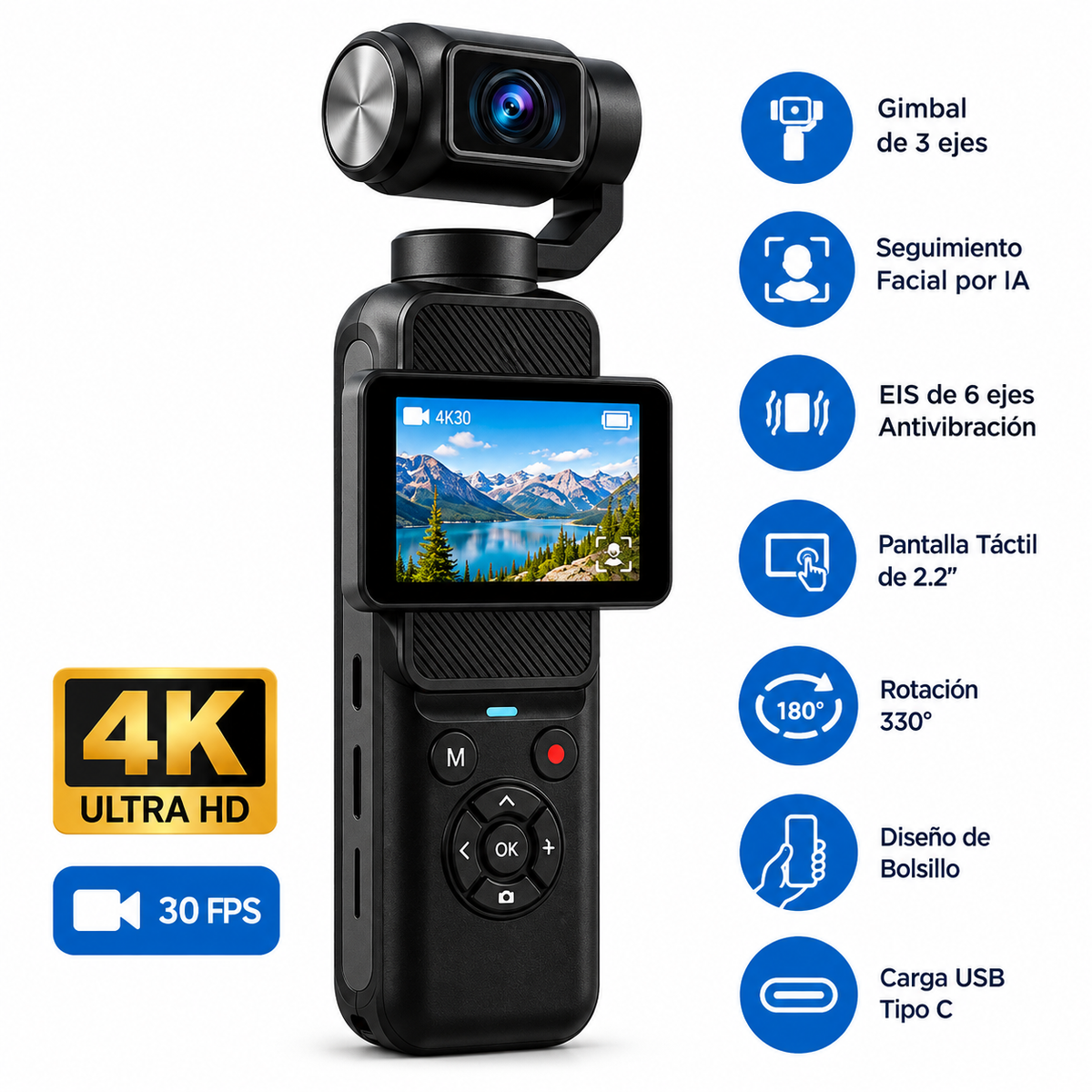 Cámara Gimbal YD07 4K 30fps con Seguimiento Facial IA